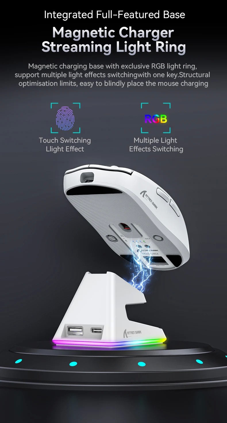 Mouse Bluetooth Attack Shark X6 PAW3395, conexão tri-mode 2.4, base de carregam