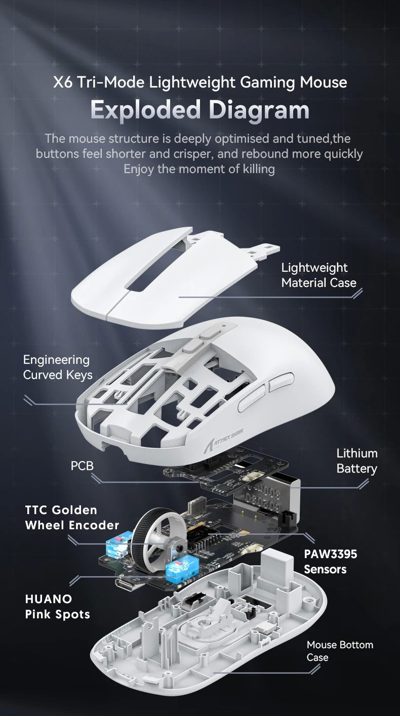 Mouse Bluetooth Attack Shark X6 PAW3395, conexão tri-mode 2.4, base de carregam