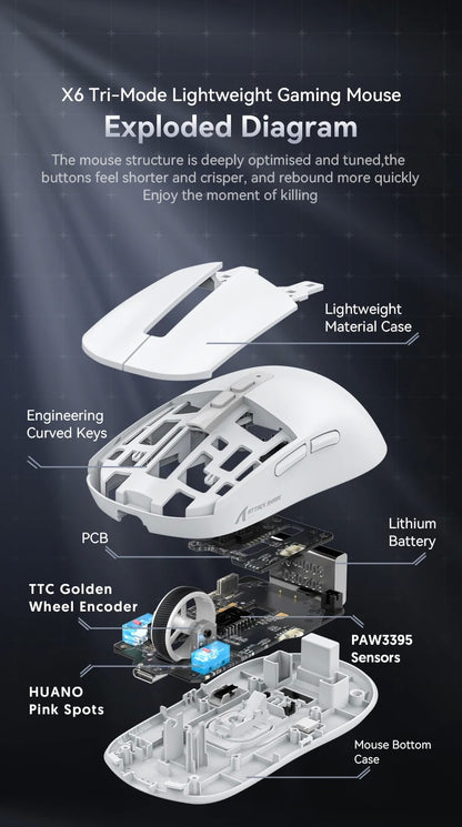 Mouse Bluetooth Attack Shark X6 PAW3395, conexão tri-mode 2.4, base de carregam