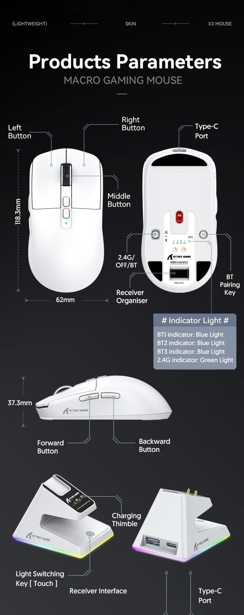 Mouse Bluetooth Attack Shark X6 PAW3395, conexão tri-mode 2.4, base de carregam