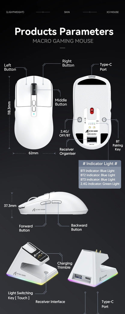 Mouse Bluetooth Attack Shark X6 PAW3395, conexão tri-mode 2.4, base de carregam