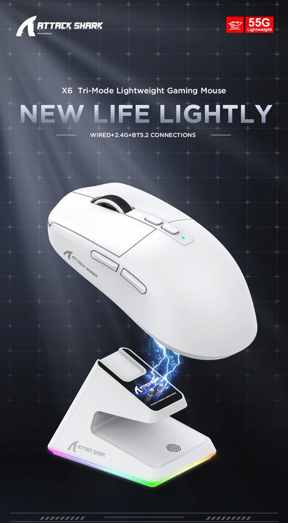 Mouse Bluetooth Attack Shark X6 PAW3395, conexão tri-mode 2.4, base de carregam