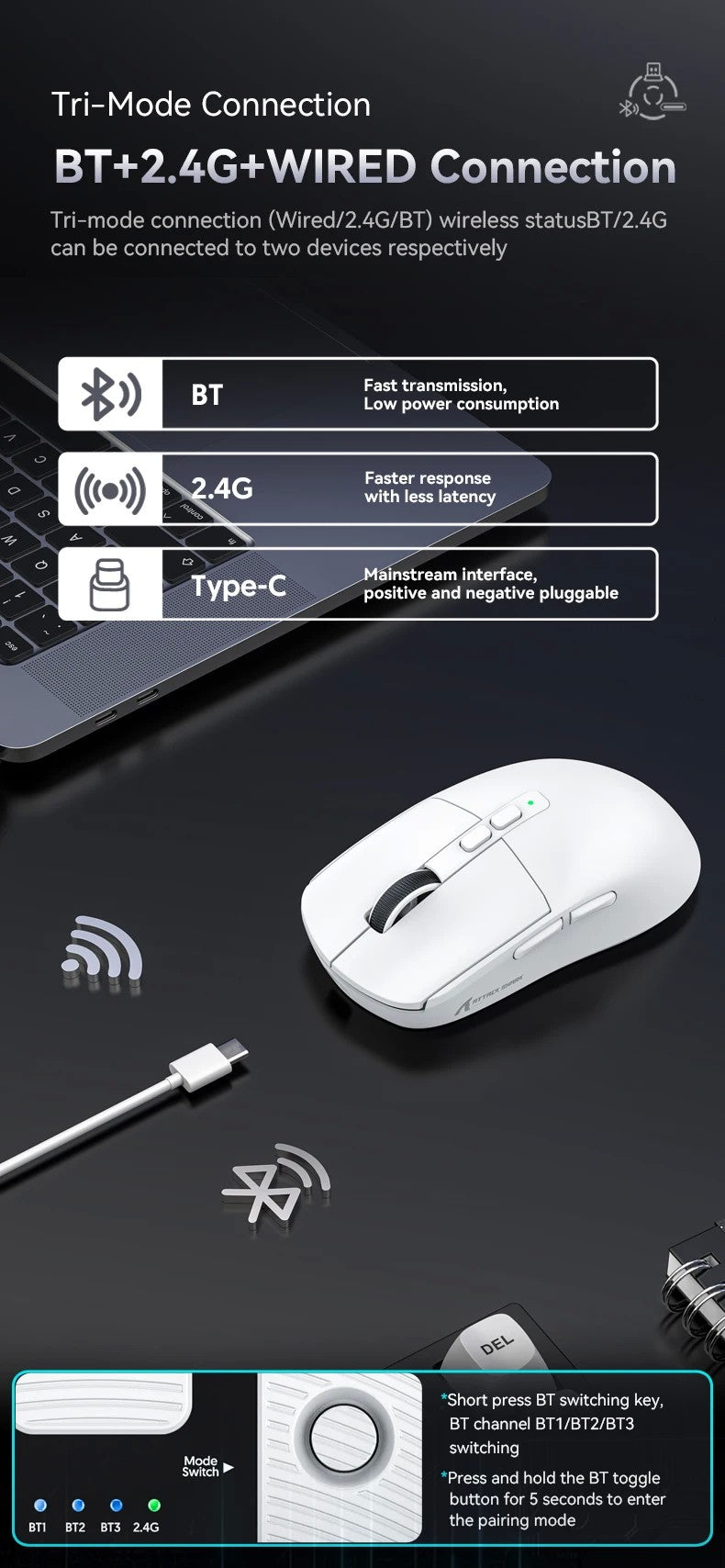 Mouse Bluetooth Attack Shark X6 PAW3395, conexão tri-mode 2.4, base de carregam