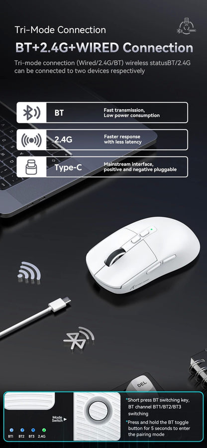 Mouse Bluetooth Attack Shark X6 PAW3395, conexão tri-mode 2.4, base de carregam