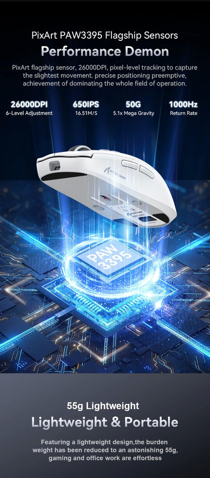 Mouse Bluetooth Attack Shark X6 PAW3395, conexão tri-mode 2.4, base de carregam