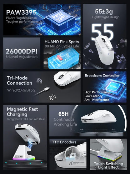 Mouse Bluetooth Attack Shark X6 PAW3395, conexão tri-mode 2.4, base de carregam