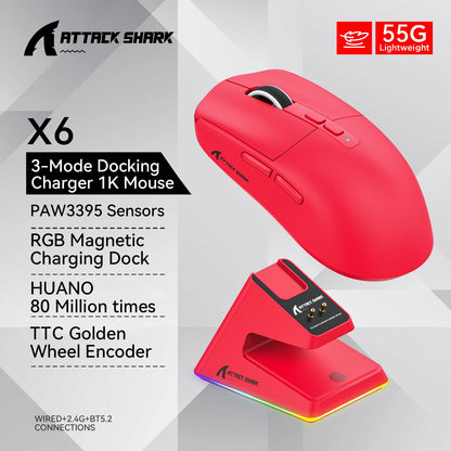Mouse Bluetooth Attack Shark X6 PAW3395, conexão tri-mode 2.4, base de carregam