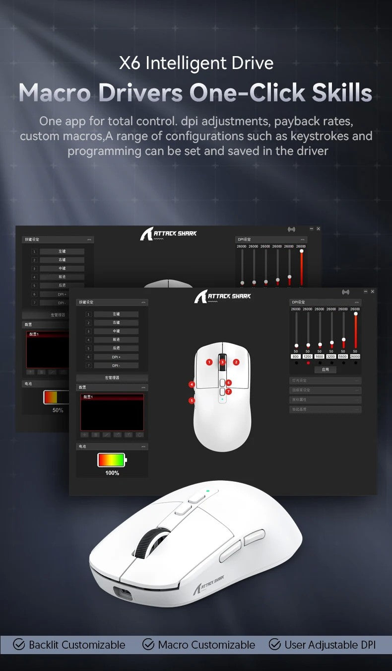 Mouse Bluetooth Attack Shark X6 PAW3395, conexão tri-mode 2.4, base de carregam