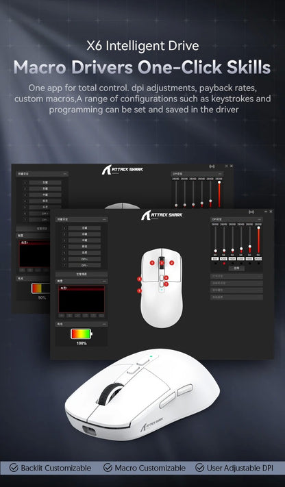 Mouse Bluetooth Attack Shark X6 PAW3395, conexão tri-mode 2.4, base de carregam