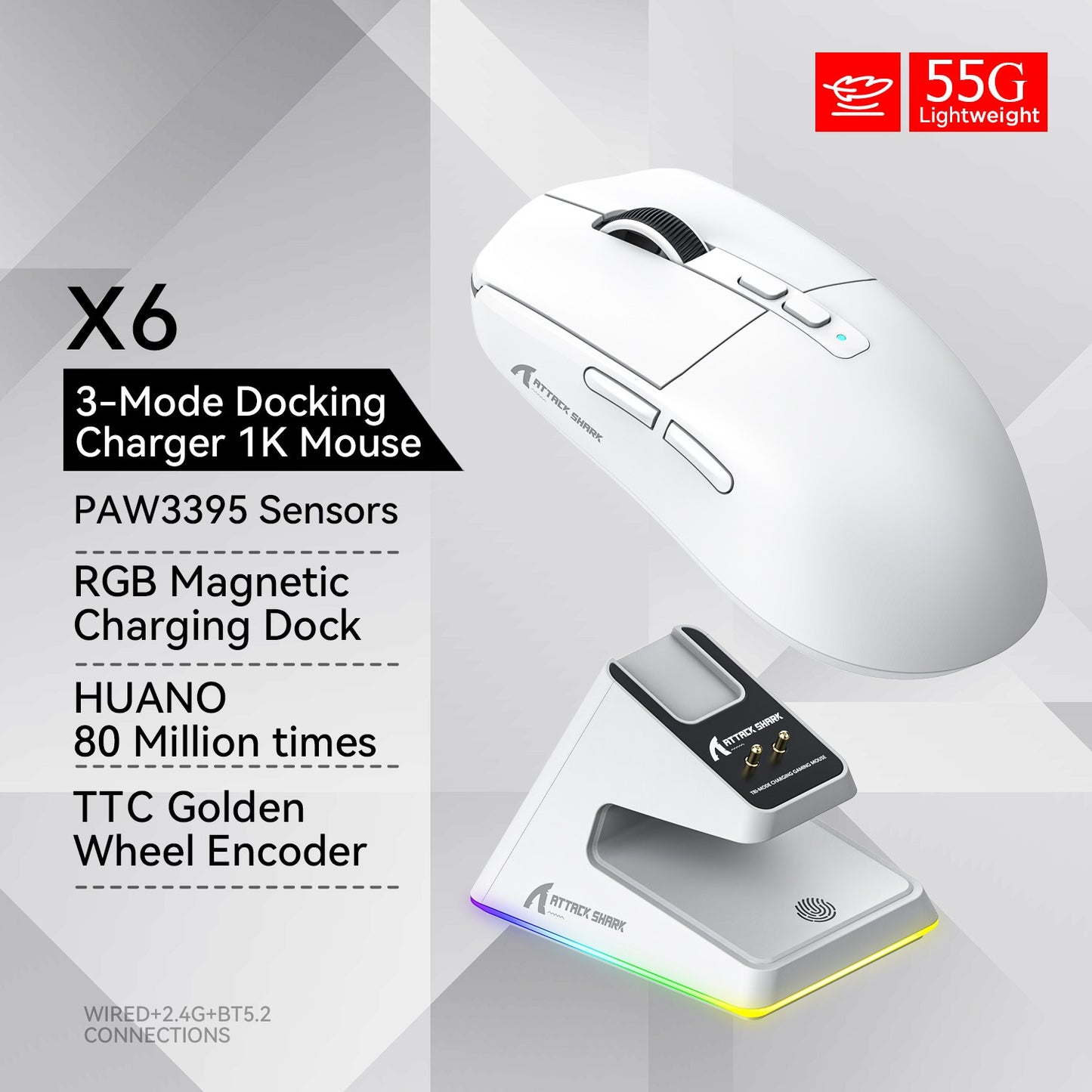 Mouse Bluetooth Attack Shark X6 PAW3395, conexão tri-mode 2.4, base de carregam