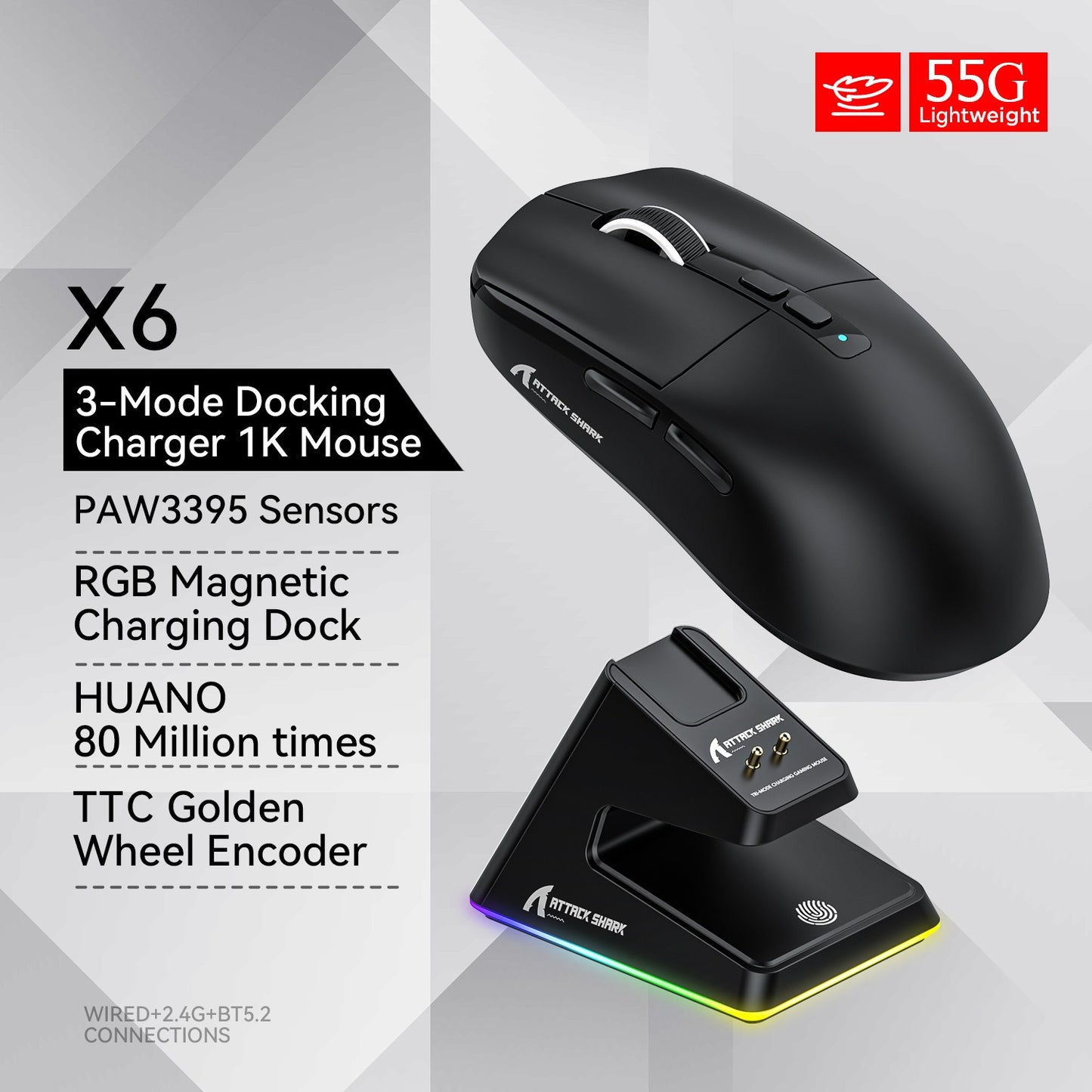 Mouse Bluetooth Attack Shark X6 PAW3395, conexão tri-mode 2.4, base de carregam