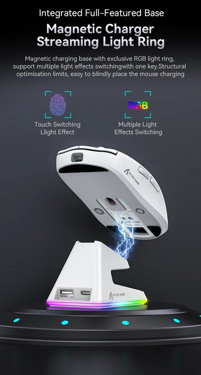 Mouse Bluetooth Attack Shark X6 PAW3395, conexão tri-mode 2.4, base de carregam